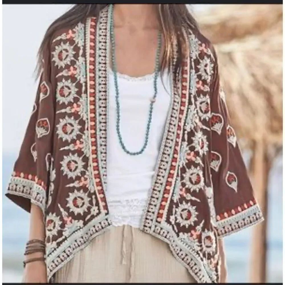 Tolani Embroidered open front boho kimono S